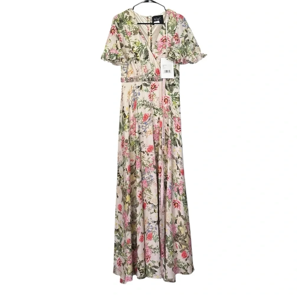 NWT MAC DUGGAL FLORAL V-NECK PLEATED MAXI DRESS Size 4 - Picture 2 of 15